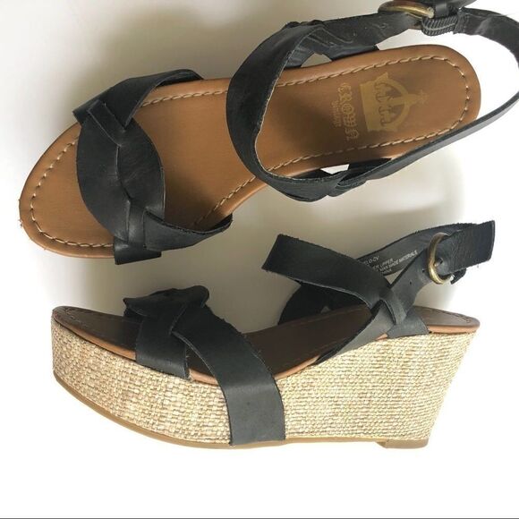 🎃BLACK LEATHER WEDGE SANDALS  - Picture 1 of 7